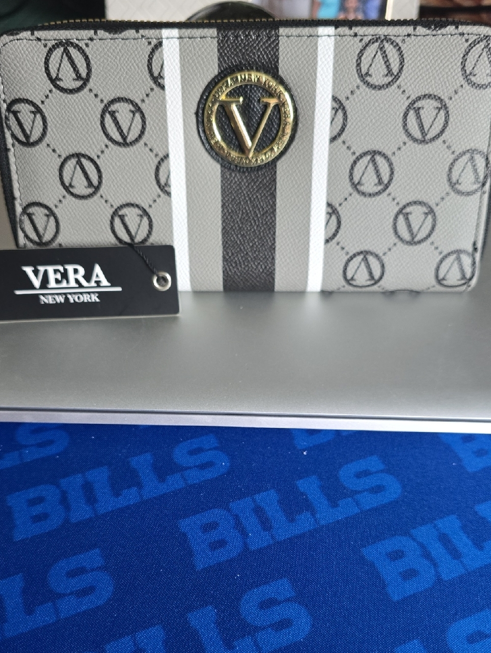 Vera New York Gray Logo Stripe Zip Wallet